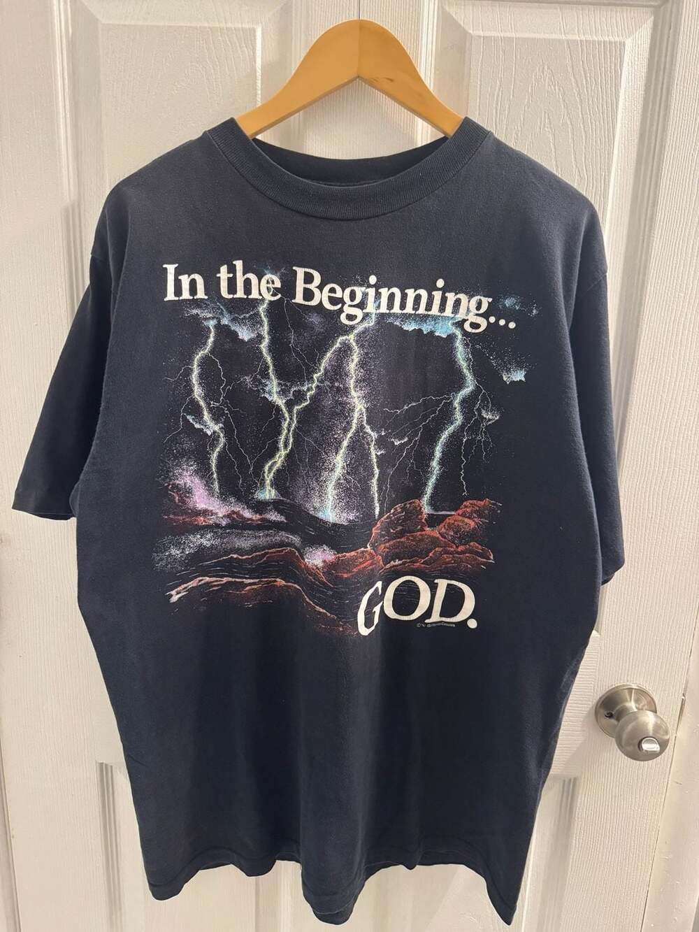 Vintage 1991 In the Beginning... GOD Lightning Graphic T-Shirt